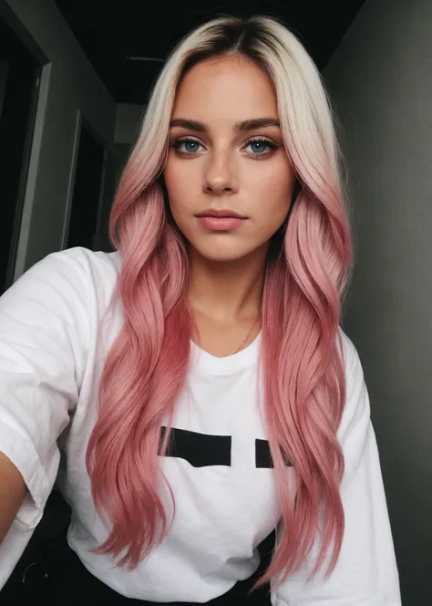 a woman with pink hair and a white shirt