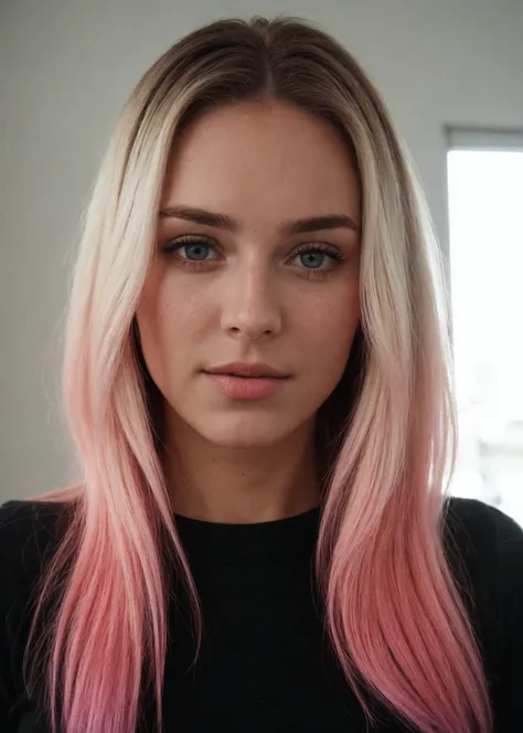 a woman with pink hair and blue eyes looks at the camera