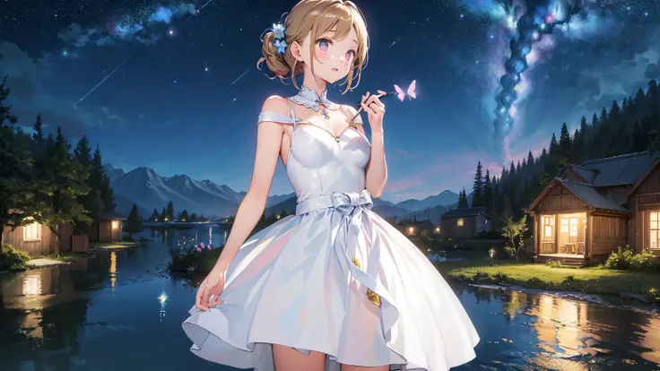 anime girl in white dress standing by a lake at night