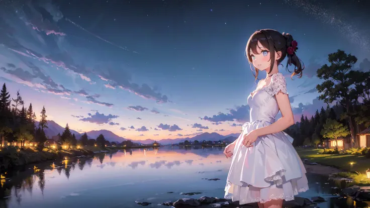 anime girl standing on rocks near a lake at night