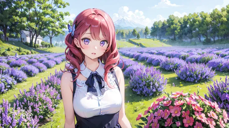 anime girl in a field of flowers with a blue sky in the background