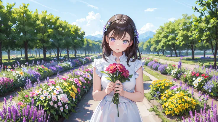 anime girl holding a bouquet of flowers in a field of flowers