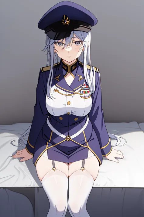 lena,simple background,military uniform,sitting,white legwear,garter straps,grey eyes,