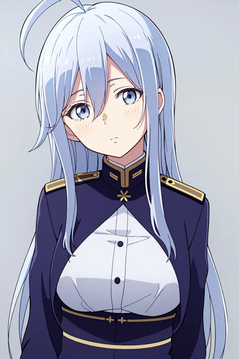 lena,simple background,military uniform,blue eyes, head tilt,ahoge,