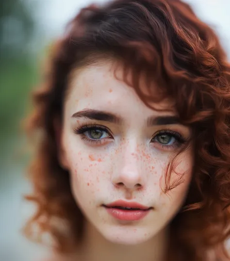 topless, naked tits, smiling, lesbian, posing, street, redhead, long curly hair, hair blowing in the wind, many freckles on the ...