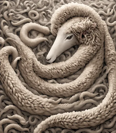 Illustration of a sheep composed entirely of eels, with every detail from its wooly fur to its hoof accurately rendered in the shape of an eel, showcasing the intricate artistry of combining the two seemingly unrelated creatures into a seamless and captiva...