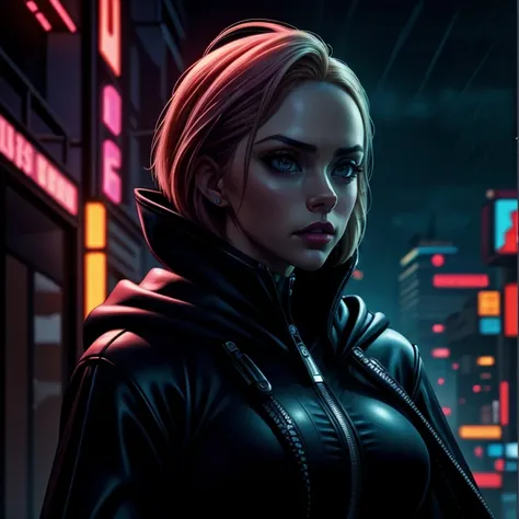 a woman in a black jacket standing in front of a neon city