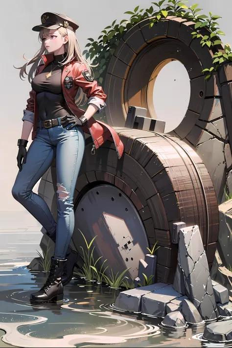 [((masterpiece, best quality:1.4)), (((extremely detailed))), sharp image:1.4, (high quality, highres:1.4)], 1girl, solo, jeans, jacket, hat, gloves, boots, stone, rock, explore, water, plant, gem, gem stone:1.4, glowing, game concept art, epic, hyper deta...