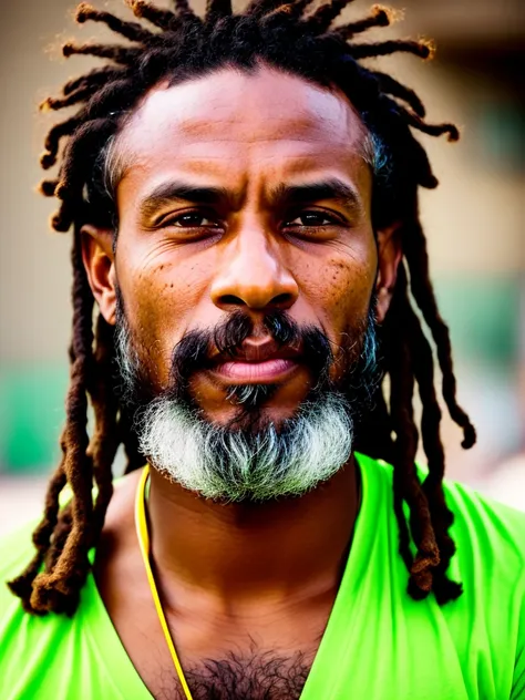 full frame, close portrait, cute, male model, herculean indian male, brown wrinkled skin, black dreadlocks hair, yellow-green ey...