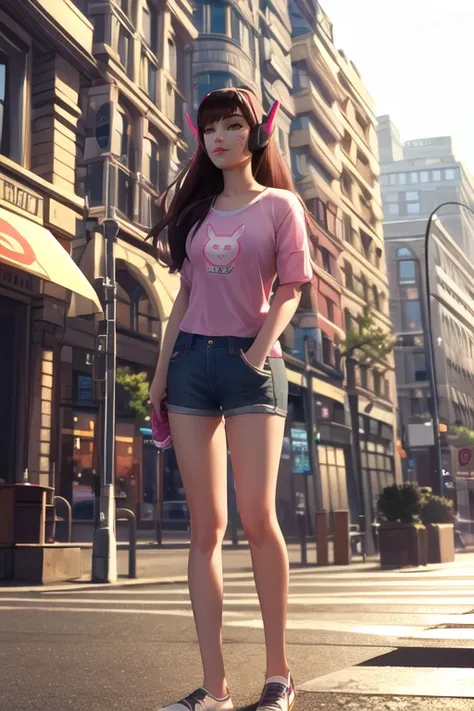 d.va, casual clothes, city street, day, sunlight, <lora:dvaoverwatchlora_v1:0.7>, best quality