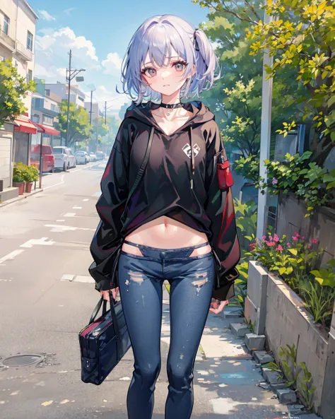 masterpiece,absurdres,1girl, <lora:BikiniJeansV1:1.35>,bikini_jeans,hoodie, standing,outdoors,