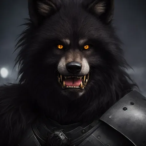award winning studio photo portrait werewolf, (close up:1.4), 3/4 obsidian armor, detailed hair, north pole, Russia, Siberia, blizzard, small village, deep night, dark, low light, northern lights in the sky, lots of details, high detailed, futuristic lands...
