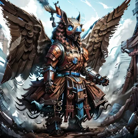 a close up of a person with a sword and wings