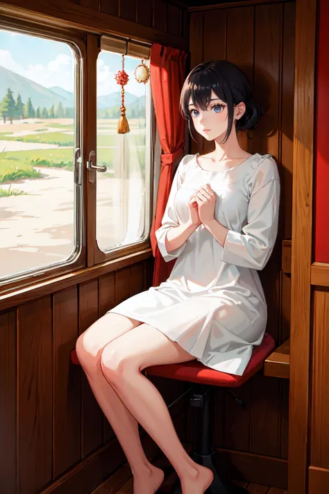 anime girl sitting on a red chair in front of a window