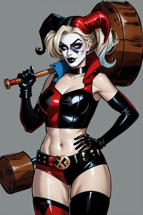 <lora:Harley:0.6> Harley Quinn, 1girl, solo, breasts, blue eyes, thighhighs, gloves, hat, navel, holding, medium breasts, weapon, elbow gloves, midriff, belt, crop top, hand on hip, makeup, mask, lipstick, red gloves, facepaint, hammer, jester cap, domino ...