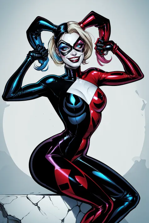 <lora:Harley:0.6> Harley Quinn, 1girl, breasts, looking at viewer, smile, blue eyes, gloves, harlequin, medium breasts,  grin, bodysuit, makeup, mask, colored skin, lipstick, skin tight, black bodysuit, domino mask, shiny skin, specular highlights,