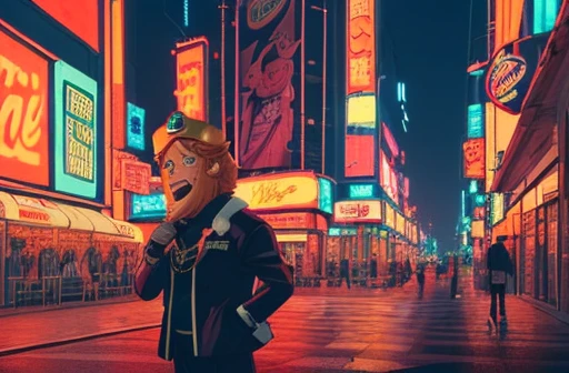 a close up of a person standing on a city street at night