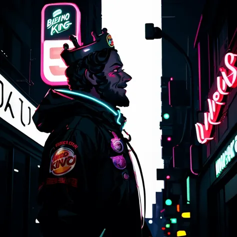 there is a man in a black jacket and a neon crown on his head