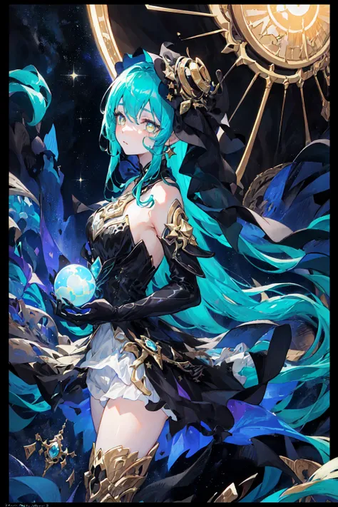 a vantablack alien girl wearing a beautiful dark starlight gown with star sequins, she has gold tears streaming down her face, holding a celestial orb in her hands, pixiv, <lora:tam:1> ,<lora:gsr:0.7>,(Complex backgrounds, borders, out borders),((Vistas, c...