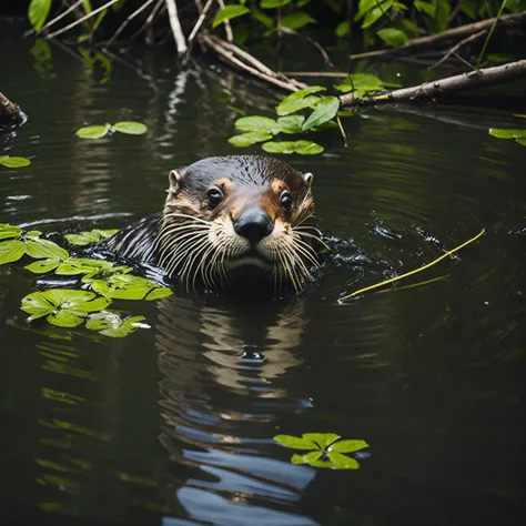 award winning photograph of beautiful otter swimming in a river in a birch forest, dappled light, rays of dust and shade, sharp ...