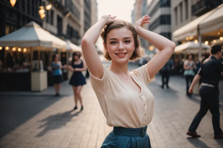 1950s,photo of a 23 year old girl,dancing,happy,ray tracing,detail shadow,shot on Fujifilm X-T4,85mm f1.2,sharp focus,depth of field,blurry background,bokeh,lens flare,motion blur,<lora:add_detail:1>,