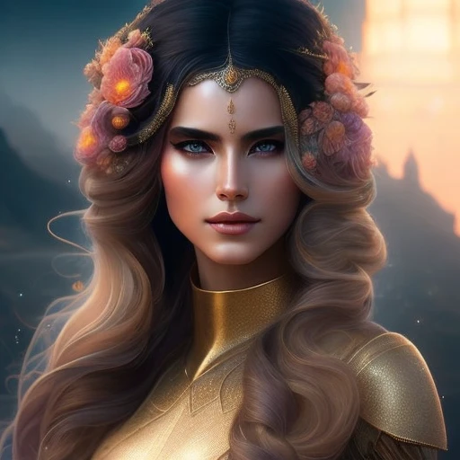 a beautiful cinematic female sand goddess, golden dress, glow golden tatto, galatic shamen with quantum energy fantasy, fantasy ...