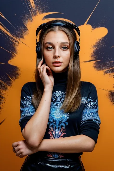 arafed woman in headphones posing with her hands on her chin