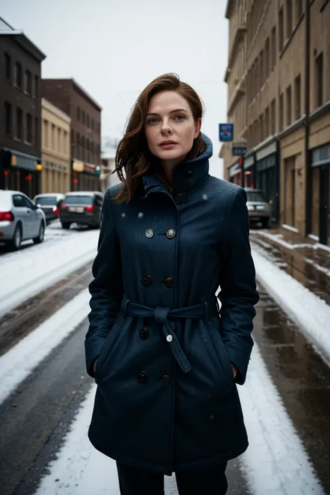 arafed woman in a blue coat standing on a snowy street