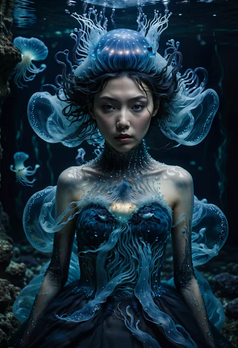 imagine, dream of, cinematic photo jellyfish, haute couture, tentacles, bioluminescence, under water, dark, photography, gown, t...