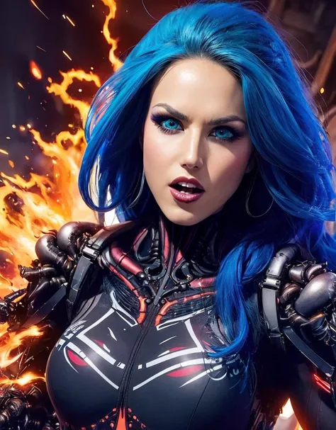 portrait of AlissaWhiteGluztQuiron woman, wearing a biomechanical organism on a rampage, bold, bright colours, 
<lora:quiron_AlissaWhiteGluz_v3:1> ,