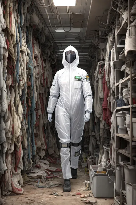 person in biological protection suit exploring a dystopian wasteland, intricate, clutter, detailed