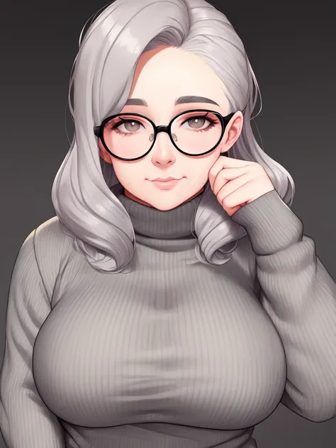 overweight old-fashioned young woman in a grey turtleneck, glasses, close-up, solo, masterpiece, beautiful