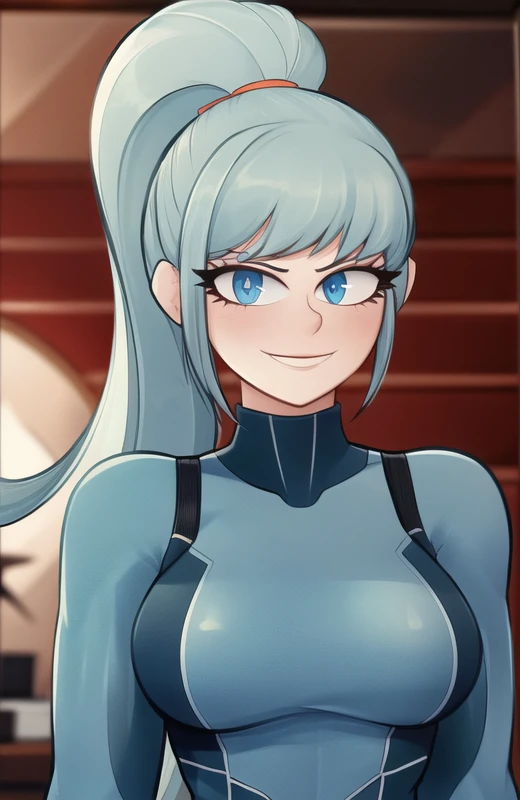 a cartoon image of a woman with blue eyes and a ponytail