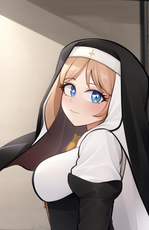 a close up of a person in a nun outfit holding a knife