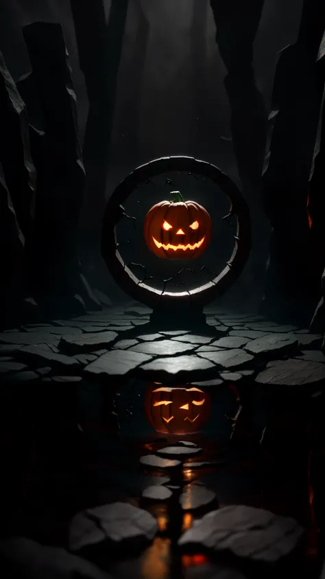 ominous, dark, mystery, horror, magic, glowing, runes, fantasy, stained glass windows, jack-o-lantern, reflective floor, macro lens, chromatic aberration, depth of field, soft lighting, tone mapped, highly detailed, artstation, concept art, smooth, sharp f...