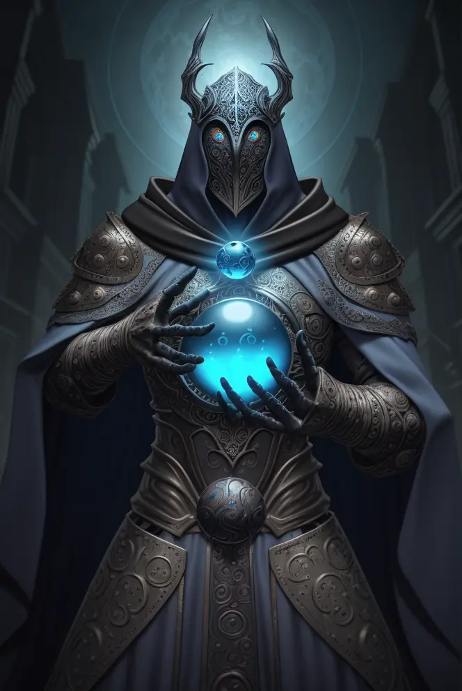 a filigree giant [metal|man|machine|shadow] creature with a blue orb core in chest, cloak, metal mask, dnd style, horror \(theme...