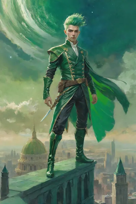 digital art, epic,infinite fantasy sky city at the beginning of time, (full body:1.2), 1boy, man, masculine, solo, [:formal costume design,:0.2] warrior, caucasian, green hair, (slim:1) build, middle aged