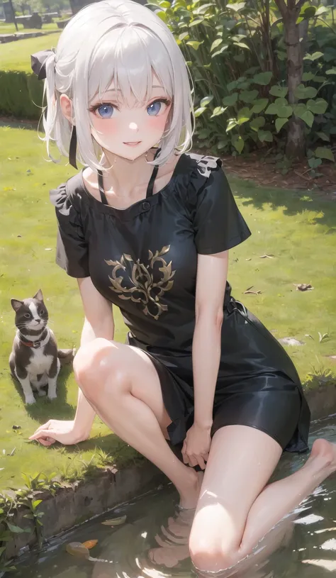 ((masterpiece,best quality)),1girl, solo, dress, short sleeves,barefoot, looking at viewer, grass, smile, white hair, outdoors, ...