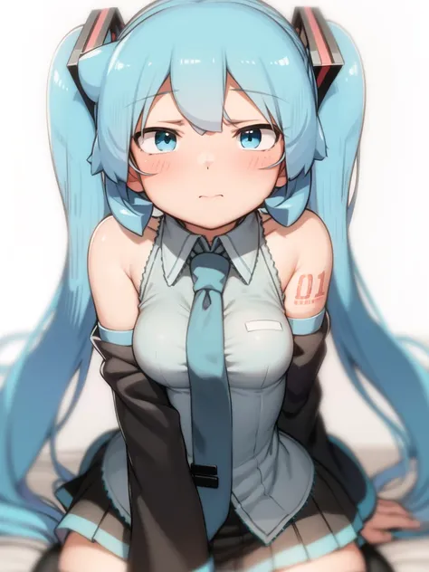 1girl, aqua eyes, aqua hair, hatsune miku, grey shirt, detached sleeves, twintails, shoulder tattoo, necktie, black thighhighs, ...