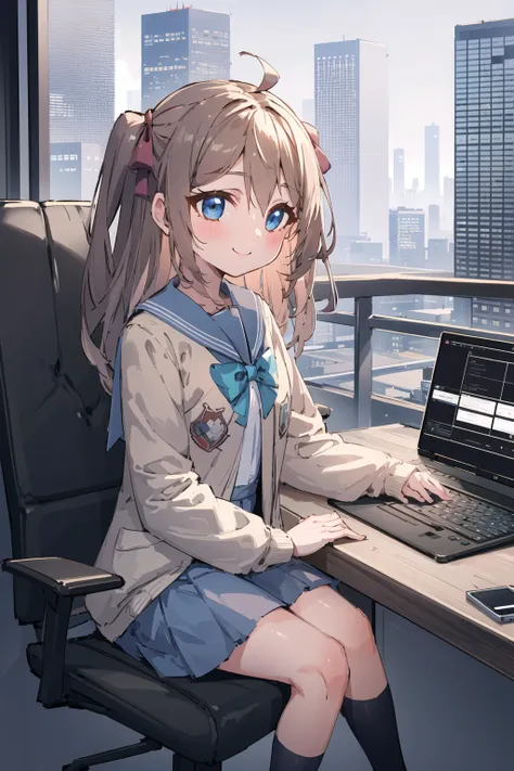 masterpiece, best quality, 1girl, solo, <lora:neurosamav2:0.8>, smile, school uniform, computer, cyberpunk, cityscape, skyscrape...