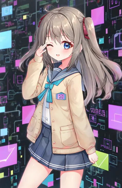 cute, solo, 1girl, <lora:neurosamaV2:0.8>, schoolgirl uniform, trapped in cyberspace, wink