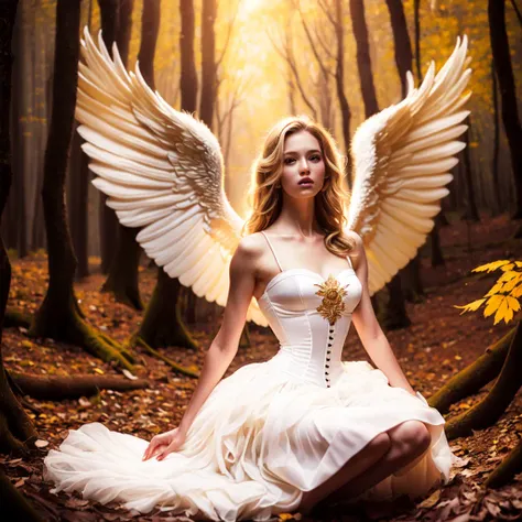 photo (fallenangel style:1) a digital painting of an (attractive:1) golden angel sitting in the middle of a forest wearing a whi...