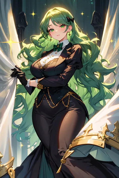 a woman in a black dress with green hair and a sword