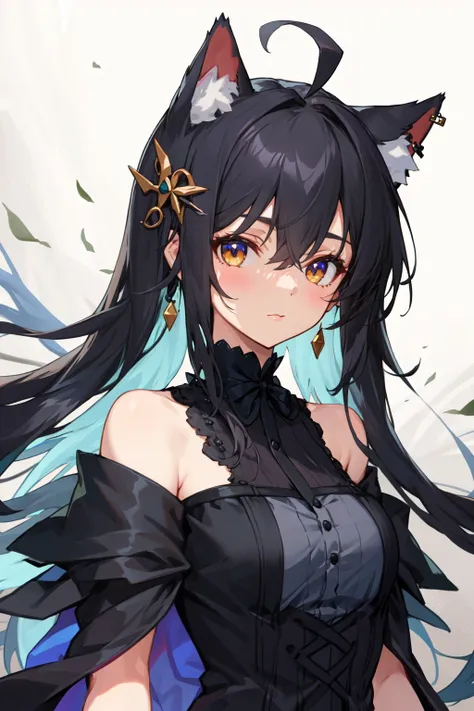 anime girl with long black hair and blue eyes wearing a black dress