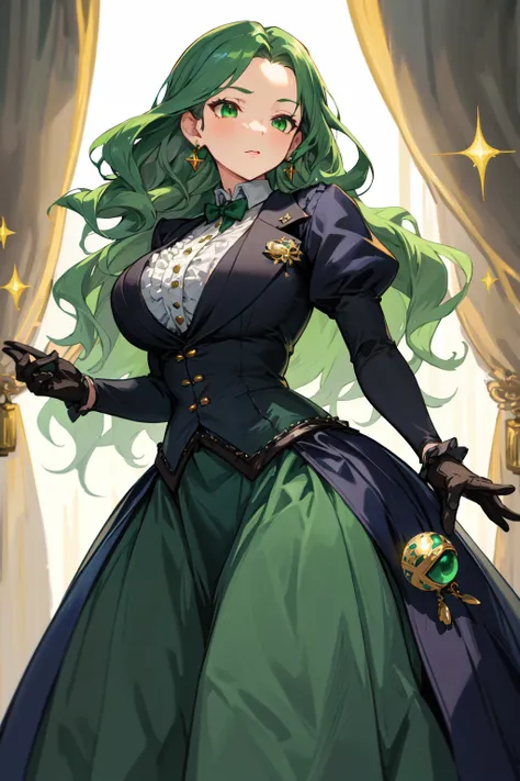 a woman in a green dress and black gloves holding a gun