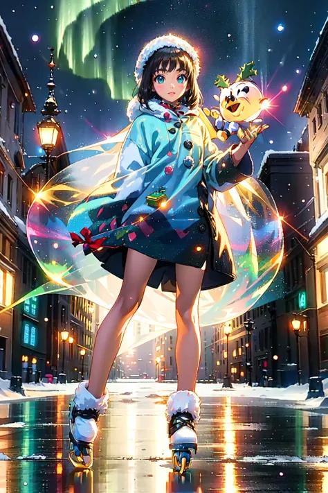 anime girl in winter clothes skating on a city street