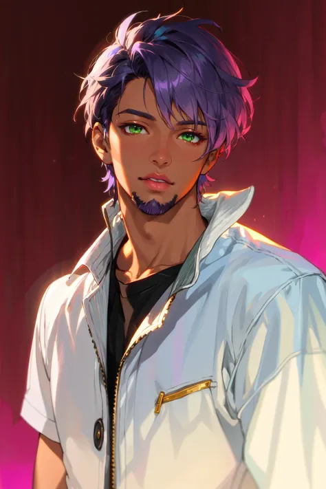 a close up of a person with purple hair and a white shirt