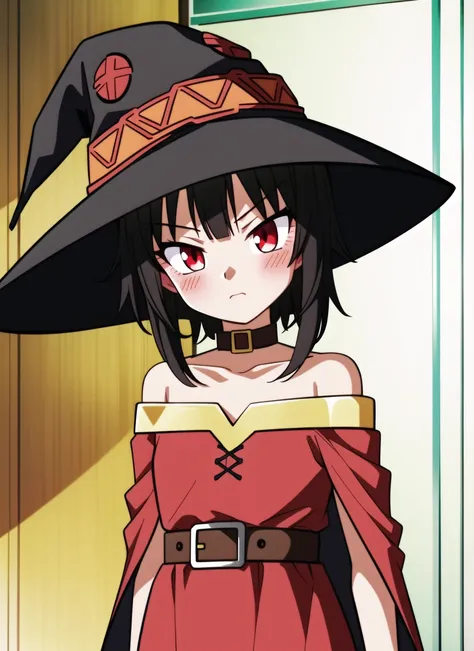 dbsuper style, anime screencap, 
megumin, 1girl, bare shoulders, black cape, black gloves, black hair, blush, cape, choker, collarbone, dress, hair between eyes, hat, long sleeves, looking at viewer, medium hair, off-shoulder dress, off shoulder, red dress...