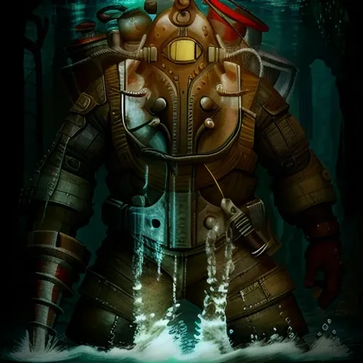 a bigdaddy inside the water close of a deep ruins, under the sea ,deep water background with ruins,full-length photo, 70mm lens, symmetrical, posing, sharp, textured skin, realistic,intricated detailed ,(perfect fingers:1.2),  photographed by a Nikon Z7 II...