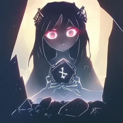 (darkflatartai)++ a girl with bright eyes between rocks with runes